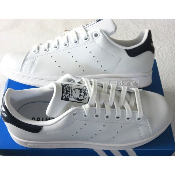 Adidas Women's Stan Smith Leather Court Sneakers White Navy Blue Sizes NIB - Picture 1 of 5